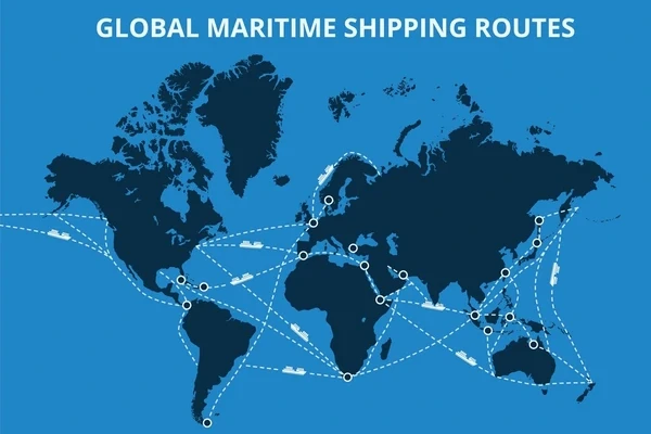 A world map with shipping routes and icons representing customs declarations and logistics, illustrating the export expertise of a Chinese miniature bearing manufacturer in international trade.