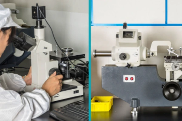 A technician examining miniature bearings under a microscope in a clean room, symbolizing rigorous product quality control and precision in manufacturing.
