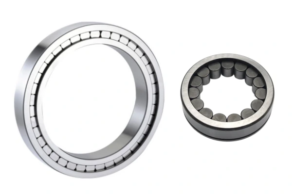 A close-up schematic of a full complement cylindrical roller bearing, highlighting the rollers and the raceways.