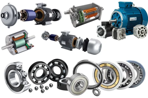 various motors with various TFL bearings visible, showcasing precision engineering and a wide range of applications from industrial to electric vehicles.