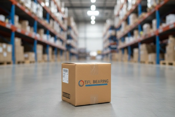 A picture shows the actual photo of TFL bearings in the warehouse and the packaging boxes.