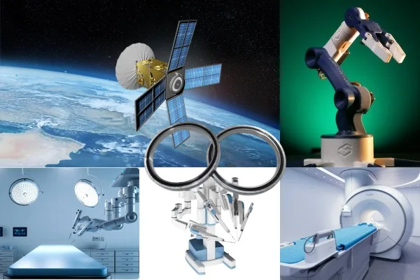 A collage showing applications of CRBS bearings in different scenarios, such as a robot arm, medical equipment, and a satellite.