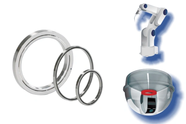 Schematic diagram of a crossed roller bearing application at the end of a robotic arm, and a structural diagram of the base of a compact surveillance camera, showcasing the versatility of CRBT bearings in different applications.