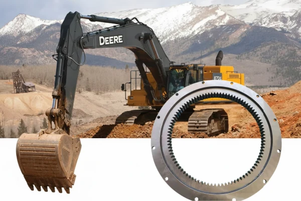 The picture illustrates one of the application areas of the slew ring bearing: excavators.