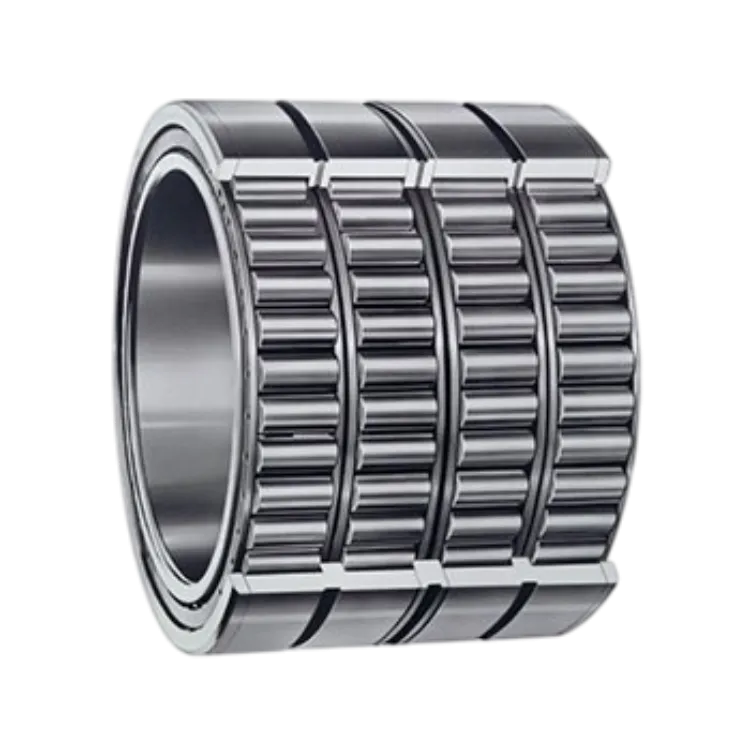 A close-up view of a large Four-Row Cylindrical Roller Bearing with its complex array of cylindrical rollers and rings, typical for rolling mill use.
