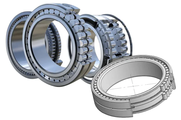 An exploded view diagram of a double row full complement cylindrical roller bearing, showing the inner ring, outer ring, and numerous cylindrical rollers.