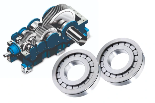 An industrial application showing a large gearbox or rolling mill component where a single row full complement cylindrical roller bearing would be used, emphasizing heavy radial loads.