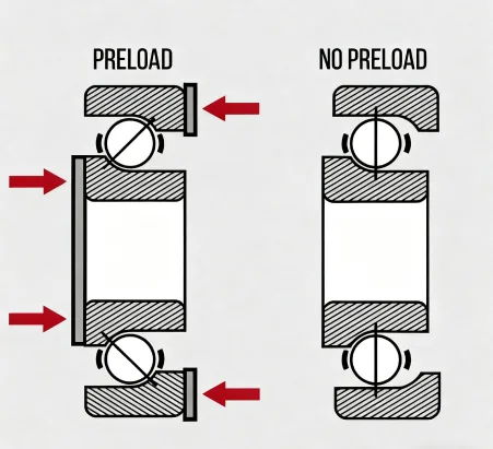The diagram shows bearing preload vs. bearing no-preload