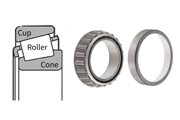 A close-up view of the separate cone (inner ring with rollers) and cup (outer ring) components of a tapered roller bearing.