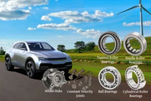 The picture shows cars and the common bearings found on cars, including Ball Bearings, Constant Velocity Joints, Cylindrical Roller Bearings, Needle Roller Bearings, Tapered Roller Bearings and Wheel Hubs.