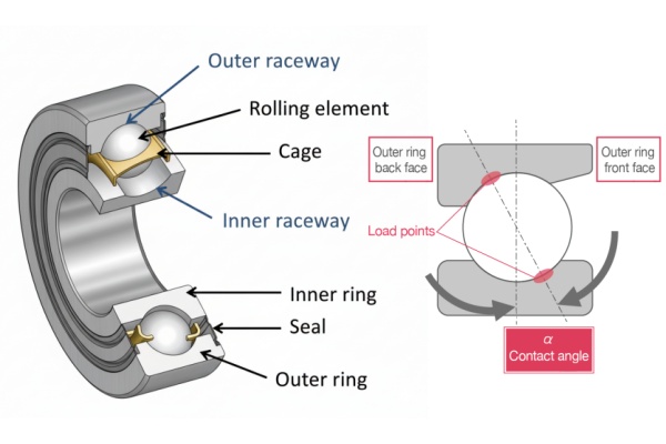 Exploded view of bearing structure showing angular contact geometry, cage, and rolling elements.