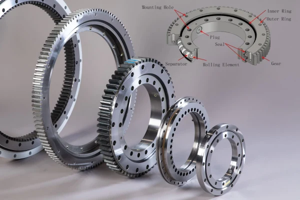 The picture shows the structure of the slew ring bearing and a group of products.
