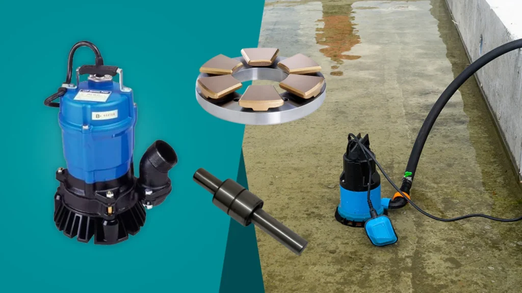 A submersible pump, pictures of its use, and two submersible pump bearings including a thrust bearing and a pump bearing