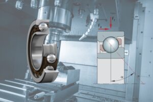 A close-up view of a high-precision angular contact ball bearing designed for combined loads.