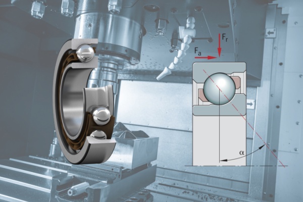A close-up view of a high-precision angular contact ball bearing designed for combined loads.