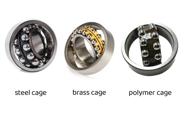 Comparison of steel, brass, and polymer cages used in self-aligning ball bearings.