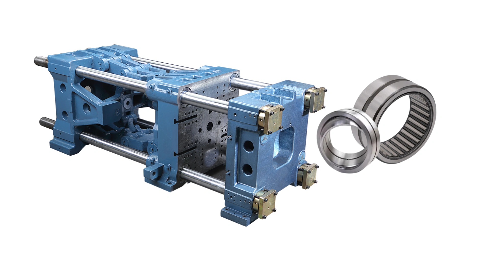 the image shows an injection molding clamping units, a spherical plain bearing, and a needle roller bearing.