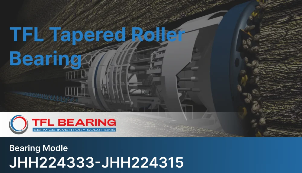 the image shows a tunnel boring machine as background, text about tfl tapered roller bearing and bearing model.