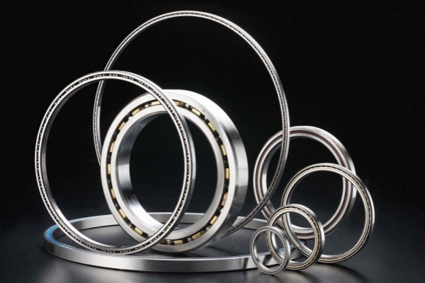 A display of various thin section bearings showing different diameters with consistent cross-sections.