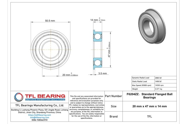Technical drawing highlighting the dynamic and static load ratings of a rolling F6204 ZZ bearing.