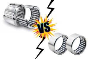 A side-by-side visual comparison showing the internal structure differences between cage-type and cageless needle roller bearings.