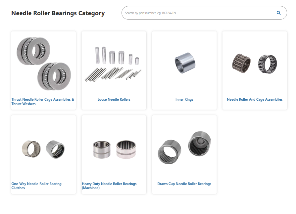 The picture shows that the industrial page of TFL's needle roller bearings includes multiple types.