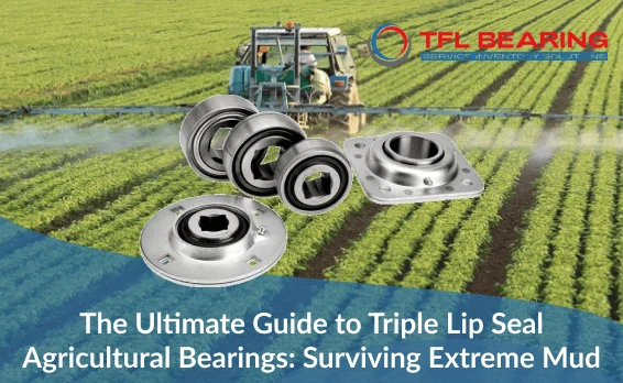 Triple lip seal agricultural bearings and flange housings displayed over a tractor spraying a farm field