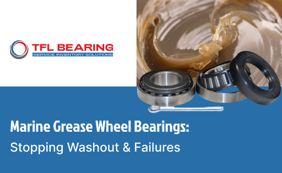 A hero image featuring the TFL BEARING corporate logo (top left), a sample of golden-yellow hydrophobic marine grease (top right), a product kit of heavy-duty tapered roller bearings, bolts, and lip seals (bottom right), and verbatim text reading: "Marine Grease Wheel Bearings: Stopping Washout & Failures" (bottom left). Showing the complete maintenance solution kit.