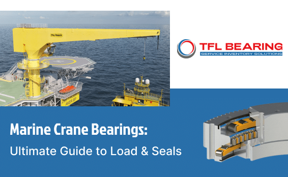 TFL BEARING guide to marine crane bearings, illustrating an offshore platform deck crane and a 3D cross-section of a three-row roller slewing ring bearing.
