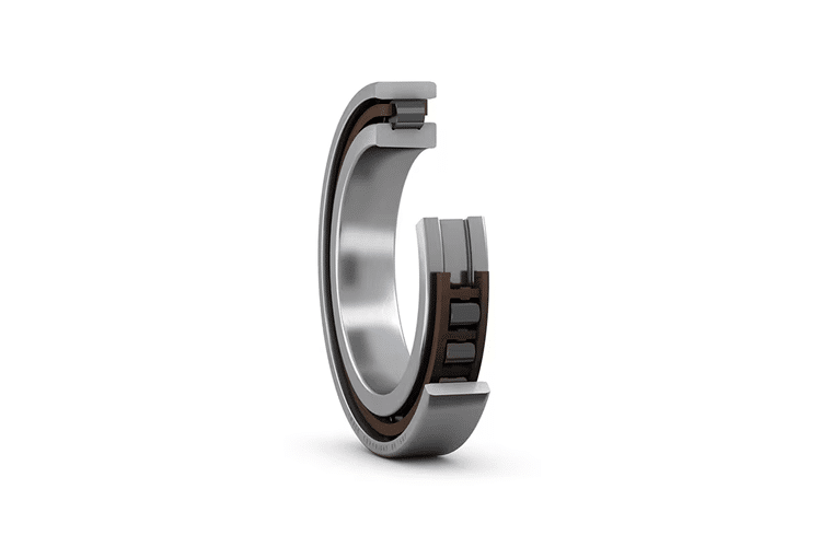 Cutaway view of a single row super precision cylindrical roller bearing showing cage and roller structure